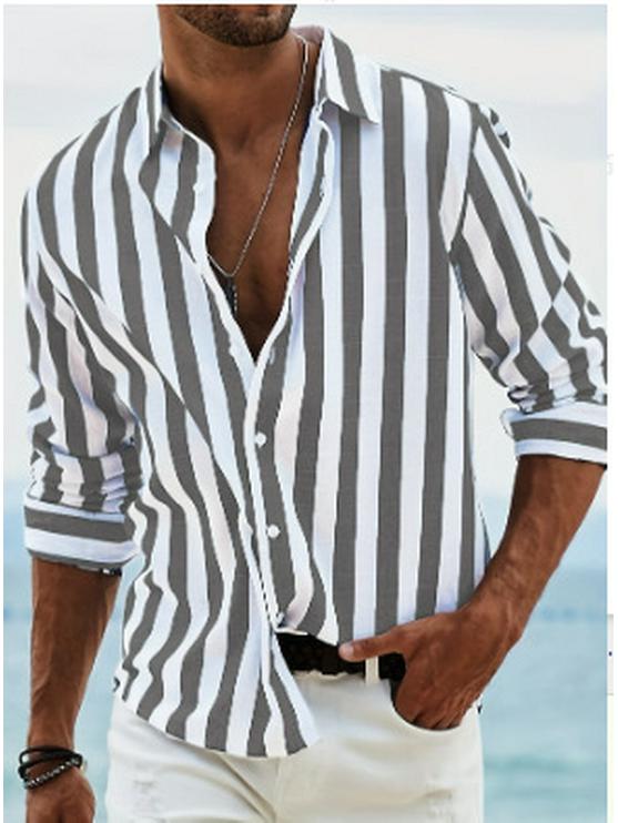 Men's Striped Turn-Down Collar Long Sleeve Shirt for Spring and Autumn 2026.