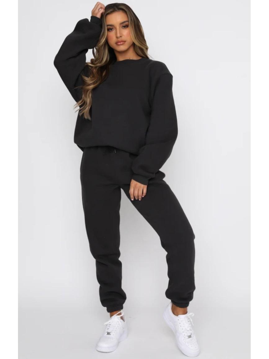 

Европейский и американский женский однотонный свитер с круглым вырезом и брюки в комплекте - повседневный свитер с длинными рукавами на осень/зиму M чёрный