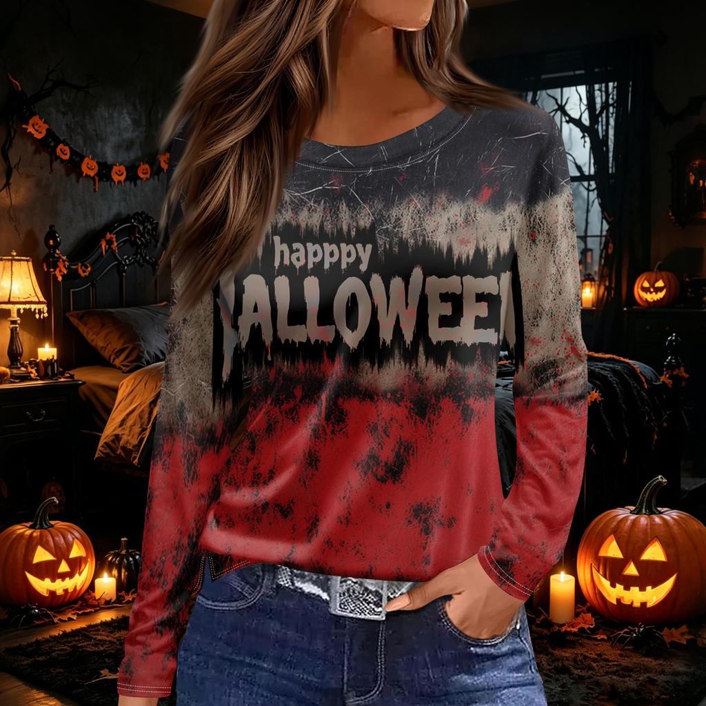 Women's Round Neck Long Sleeve Top with Halloween Print and Side Slit for Fall Festive Occasions
