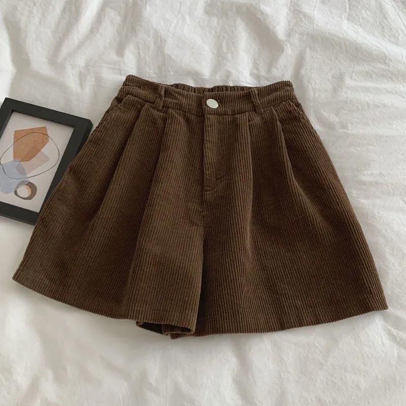 Corduroy Shorts for Women Autumn Winter Vintage Style Clothing Solid Wide-leg Shorts Casual Elastic Waist A-line Pants