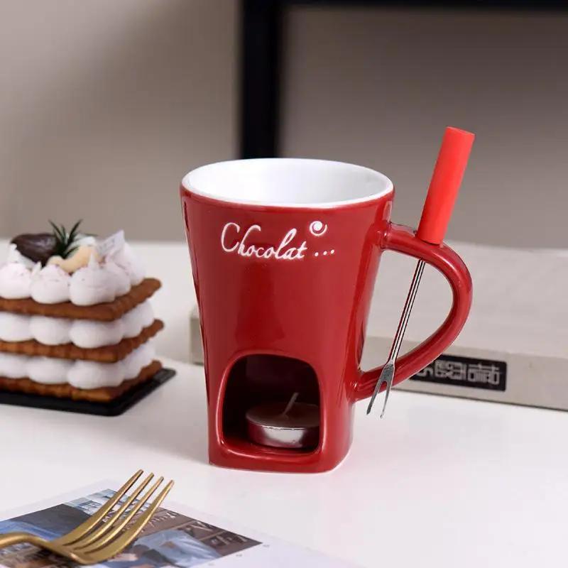 130ml Xícara para Fondue de Chocolate Xícara Europeia com Vela Caneca de Cerâmica Aquecimento de Comida Queijo Criativa Caneca de Café com Garfo Festa de Natal