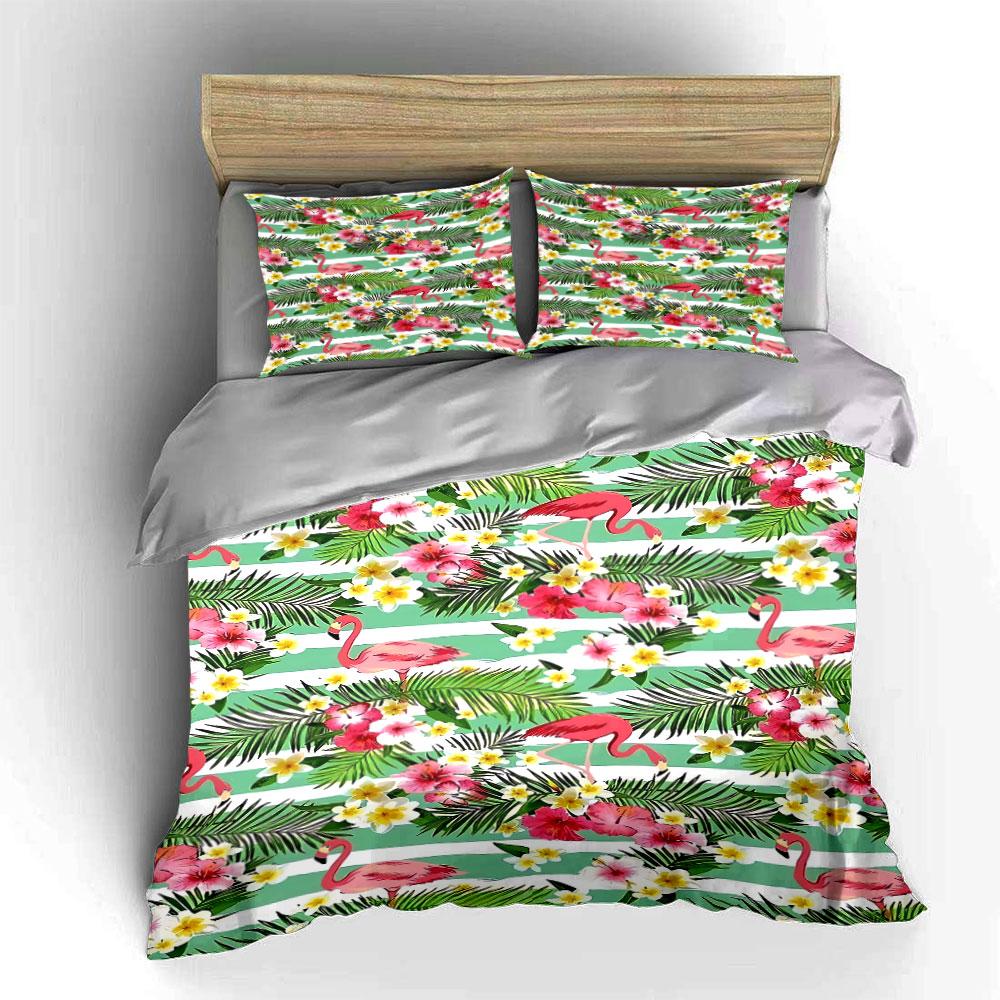 Flamingos, Flowers, Green Stripes. Bedding Sets Duvet Cover Sets Duvet Covers Pillowcases(1 * Duvet Cover 2 * Pillowcases, Without Duvet Insert)