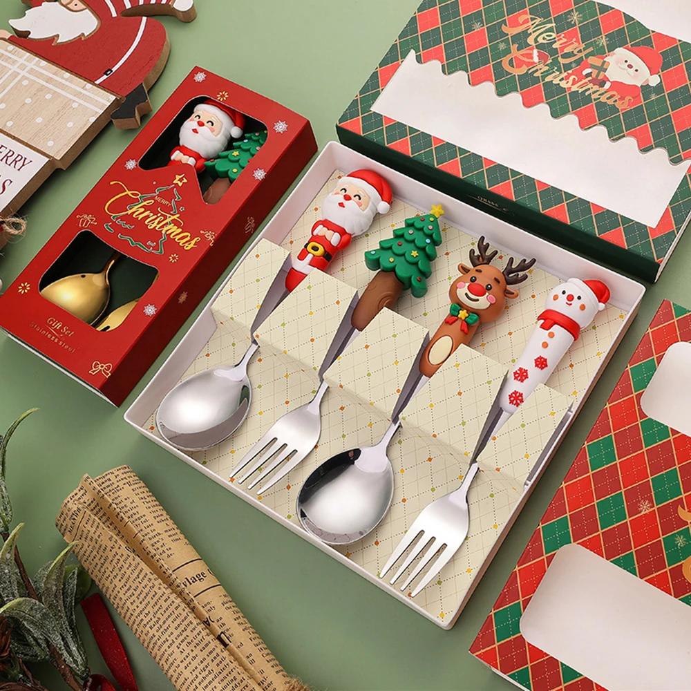 Christmas Dinnerware Stainless Steel With Luxury Gift Box Tableware Dessert Fork Coffee Spoon Santa Cutlery For Christmas