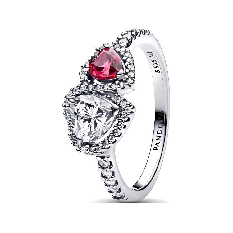 Pandora Double Heart Contrast Design 925 Silver Glass Cubic Zirconia Ring Women ring 193662C01 Box,54