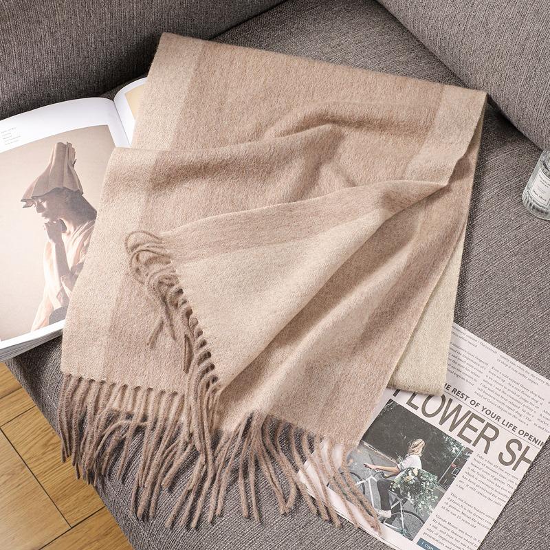 Autumn and winter 100wool wool scarf women's double-sided two-color striped scarf high-end fringed shawl scarf