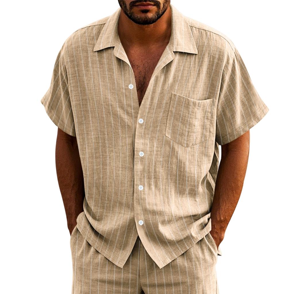 Men's Linen Button Down Shirt Vertical Stripe Pattern Short Sleeve Casual Loose Fit Breathable Summer Shirt with Turn Down Collar