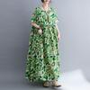 Summer New Literary Age Reduction Large Size Loose and Thin Printed Short-sleeved Long Dress with Pockets Over the Knee Skirt
