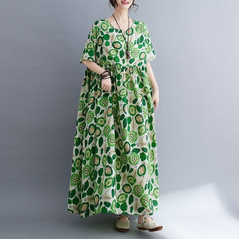 Summer New Literary Age Reduction Large Size Loose and Thin Printed Short-sleeved Long Dress with Pockets Over the Knee Skirt