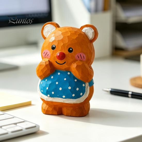 Hand Carved Basswood Bear Ornament Hand-Carved Ornament, Cute Apron Wood Decorative Figurine, Handcrafted Figure Statue for Desktop Shelf And