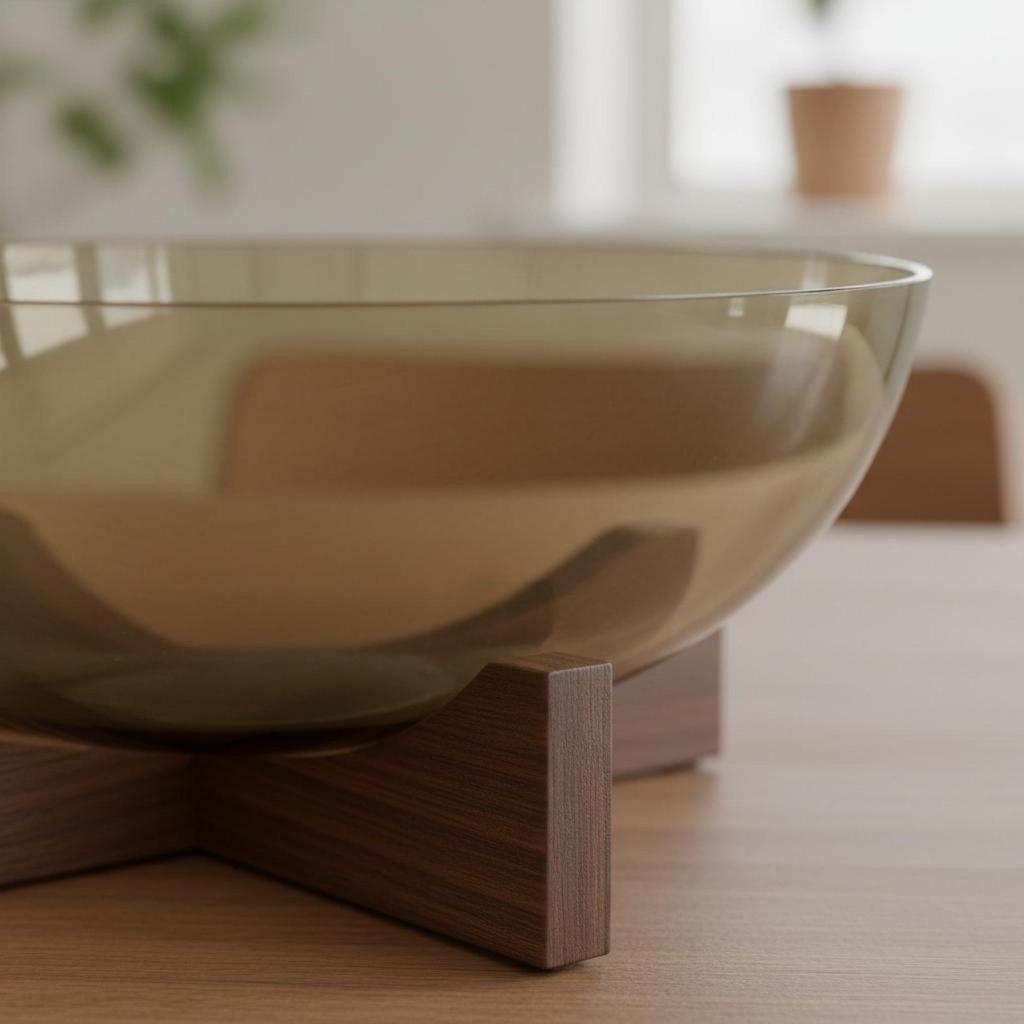 Glass Fruit Bowl with Wood Stand Elegant Design Tea-Tinted