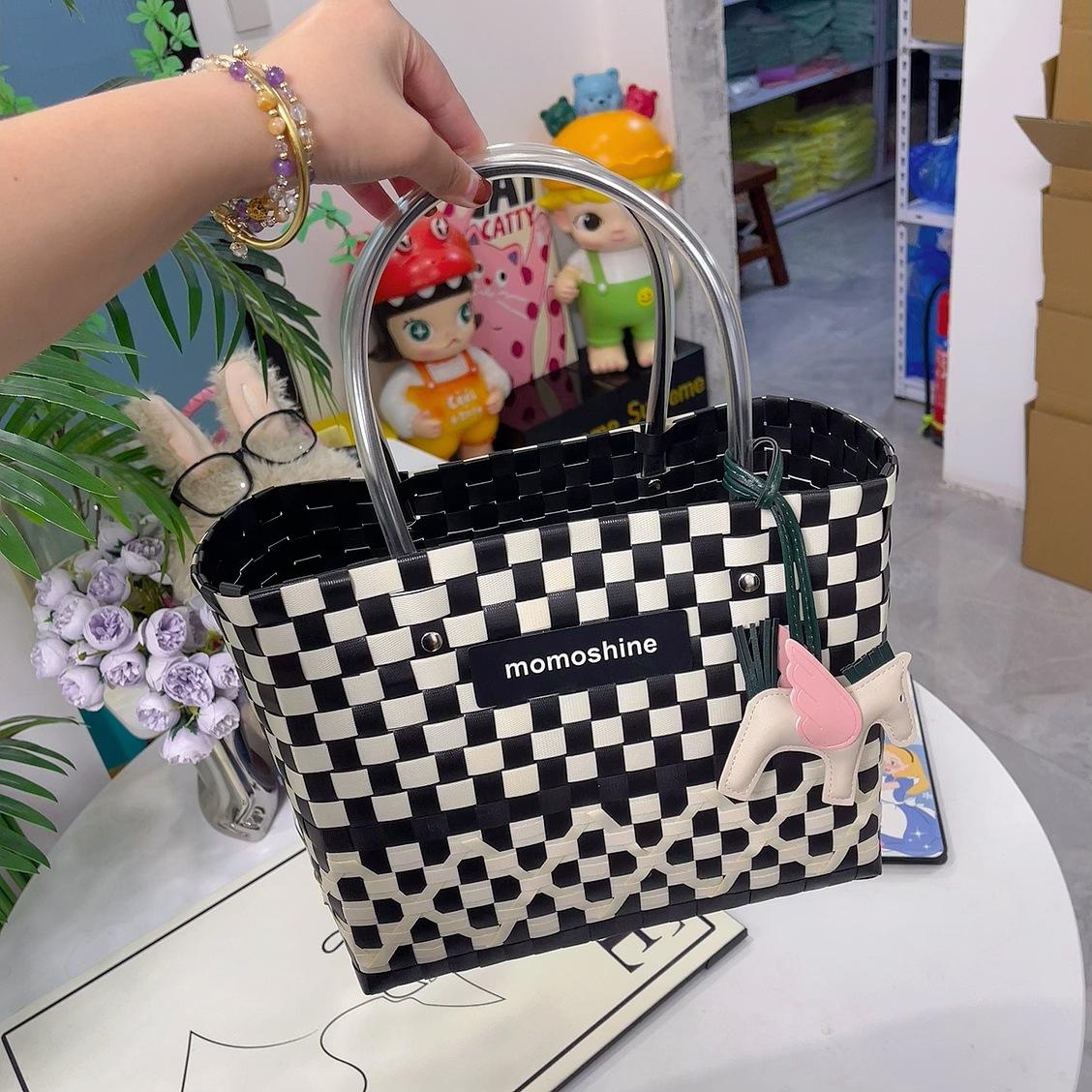 

Hand-woven Bag Vegetable Basket Portable Beach Contrasting Color Large Capacity Picnic Blue Classic Model 28x23x15 high-quality spot
