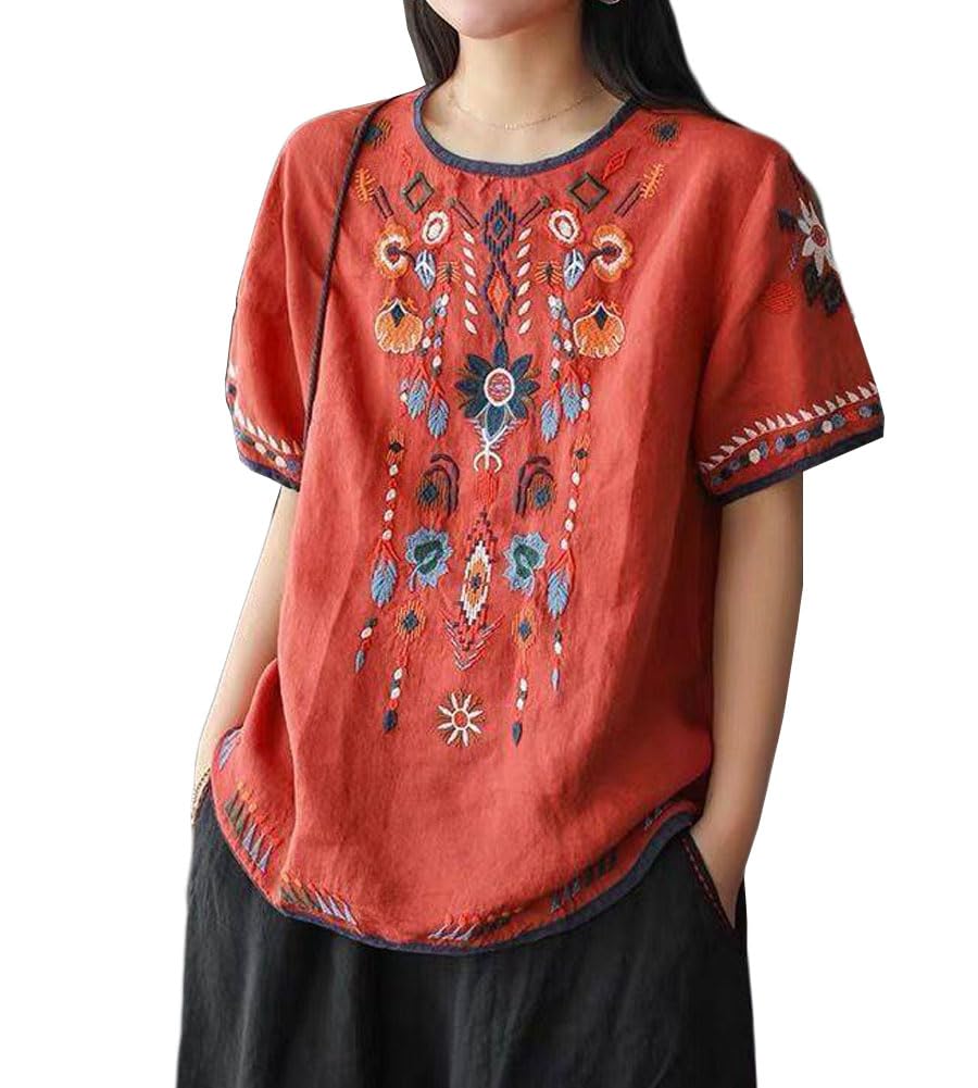 

Embroidered ethnic cut and sewn short casual [Muzly] blouse, T-shirt, top, women s, sleeve, Asian, summer, (JP, alphabet, XL, red)