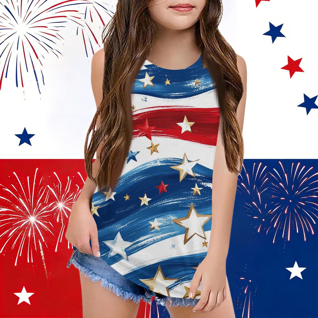 Girls  Kids Summer Crewneck Sleeveless Shirts Tank Tops Independence Day