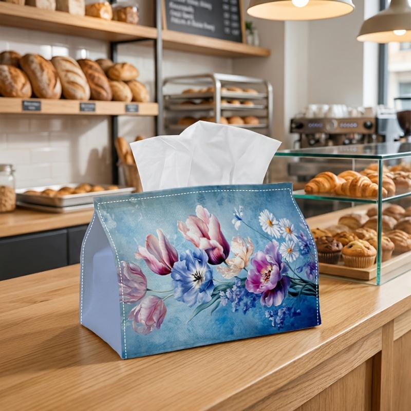 1pc Watercolor Artistic Floral Tissue Box-Purple Pink Tulip Pastel,Durable Napkin Organizer for Car,Kitchen,Dining,Home Decor-Decorative Tabletop Part