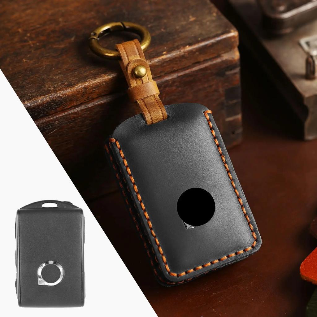 Genuine Leather Key Cover Case for Volvo XC40 XC60 XC90 S60 S90, Full Grain Key Fob Holder with Leather Lanyard, Brown/Black/Red