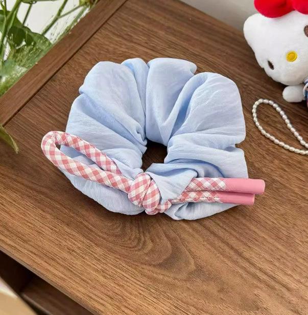 

Pink and blue grid knotted streamer large intestine ring hair band female fluffy cloud hair band headband ball head rubber band hair accessories