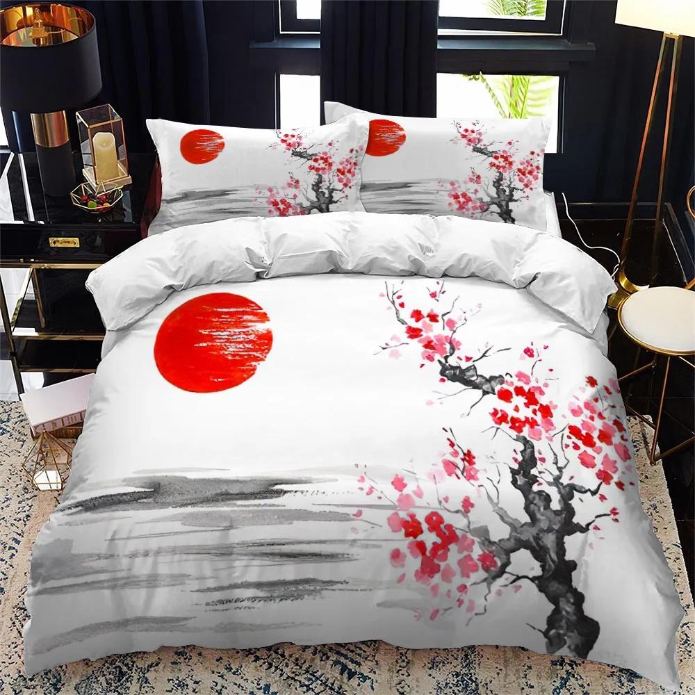 Dynetrekk i japansk stil King Queen Full størrelse Ukiyo-e-tema bølgemønster polyester sengetøysett Fuji Mountain Exotic Style