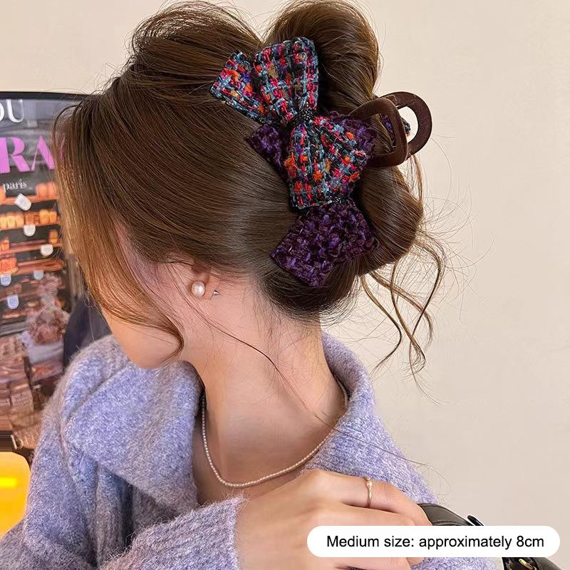 Retro Autumn And Winter Wool-blend Color-block Double Bow Hair Clip For Women Girls Large Shark Clip Hair Accessories