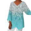 Plus Size Women Casual Loose V Neck Long Sleeve T-shirt with Flower Print Irregular Hem Color Matching Pullover for Spring Fall