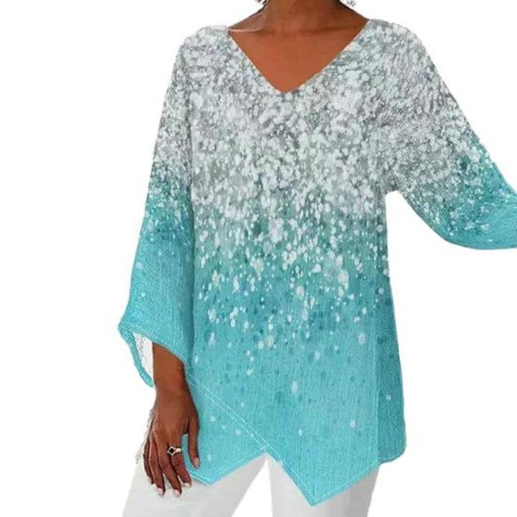 Plus Size Women Casual Loose V Neck Long Sleeve T-shirt with Flower Print Irregular Hem Color Matching Pullover for Spring Fall
