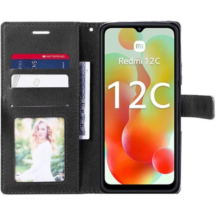 Coque pour Xiaomi Redmi 12C - Redmi 11A avec 2 Verres Trempés - Protection Effet Cuir Marron-Noir