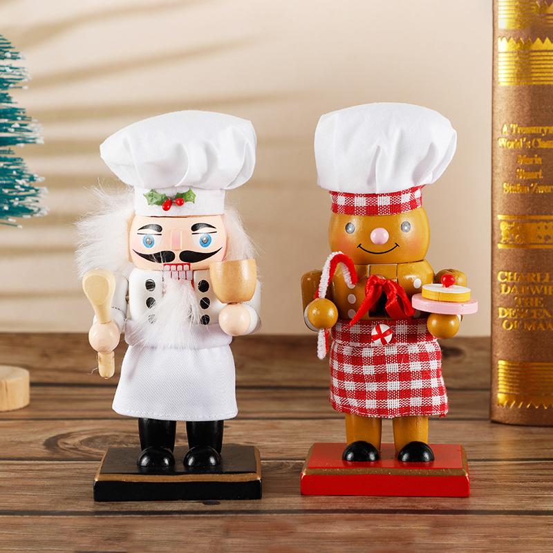 Pack of 2Pcs 17cm Wooden Nutcracker Handmade Figures Chef Gingerbread Man Puppet Festive Collectible Nutcracker Christmas Decor