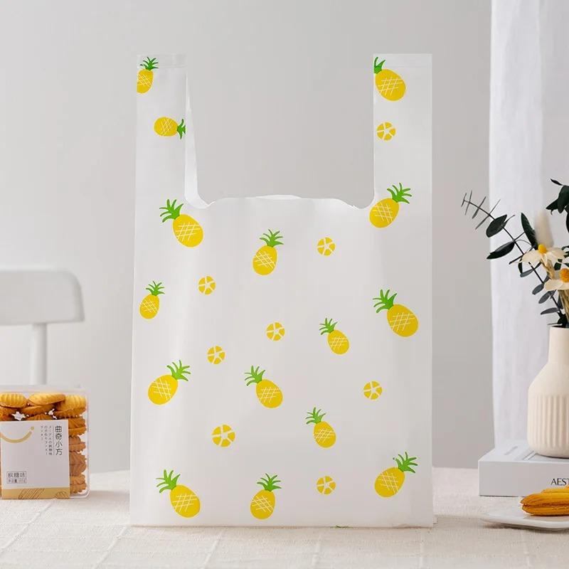 50pcs Disposable Peach Fruit Pattern Hand Bag Packaged Flower Takeaway Bags Snack Double Ear Plastic Vest Handle Shopping Pouch