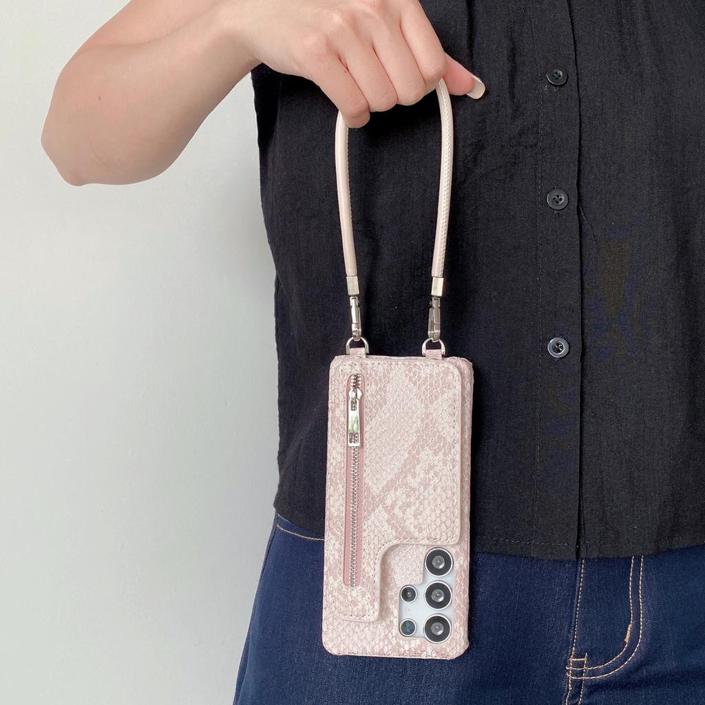 For Samsung Galaxy S24 Ultra Case Zipper Card Holder Mirror Snake Texture PU + PC Back Cover with Lanyard