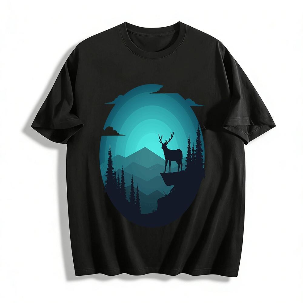 Deer Silhouette Print Casual Tee Mountain Wilderness Theme Pure cotton T-shirt XXS