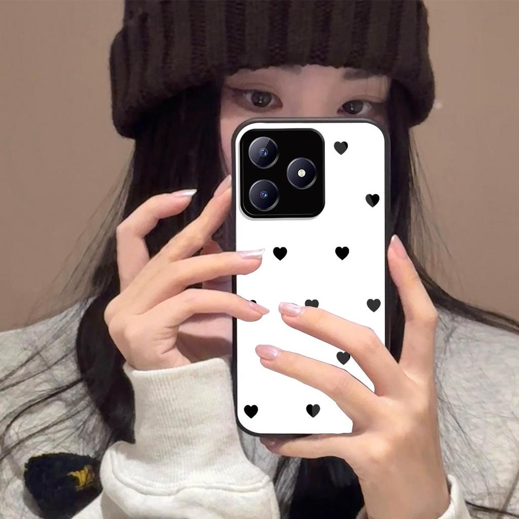 Black Heart Pattern Phone Case for realme C65s C63 C61 Note 60x 60 Acrylic Back TPU Bumper Shockproof Protective Cover, Minimalist Korean Style
