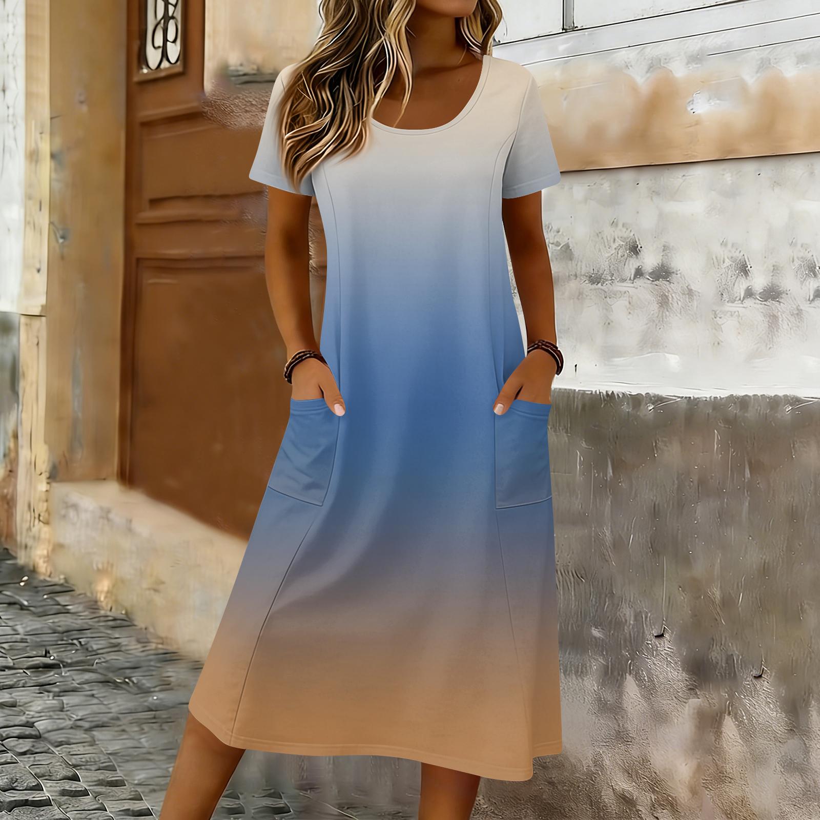 

Женское повседневное свободное платье средней длины с круглым вырезом, короткими рукавами и карманами L синий