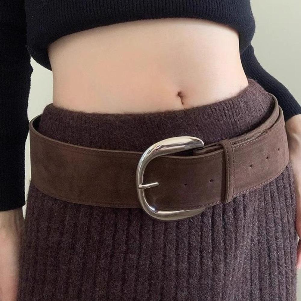 Suede Women Wide Belt Metal Buckle Western Cowboy Belt Adjustable Leather Waistband Girl