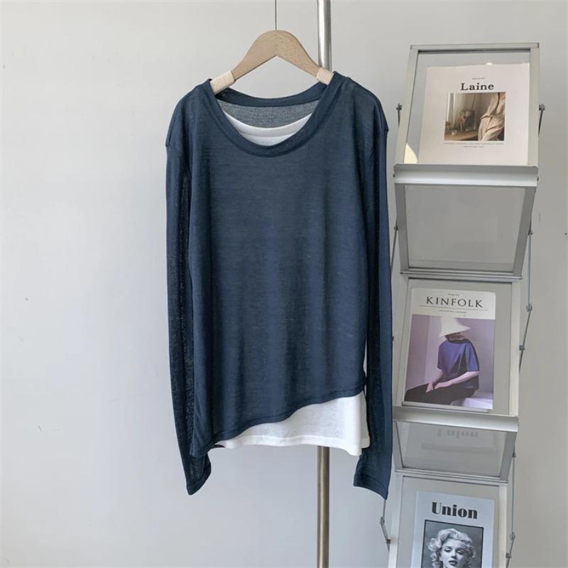 Pullovers Tops Winter Women Long Sleeves Shirt Faux Two-piece Padded Blouse Oversized Solid Color Loose Pullover Tops