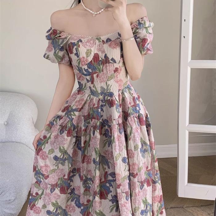 Design Sense Large Size French Romantic Floral Square Neck Dress New Women's Summer Fat Mm Belly Covering and Thin Dress