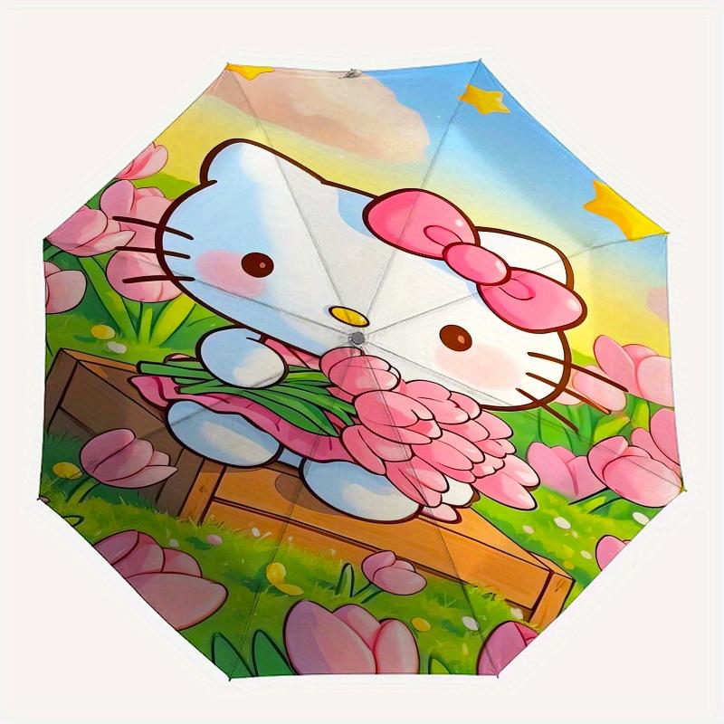 Hello Kitty,Spring Flowers Automatic Folding Umbrella-Simple 8-Rib Design, Bright Cartoon Pattern, Durable Iron Frame, Suitable For Travel,