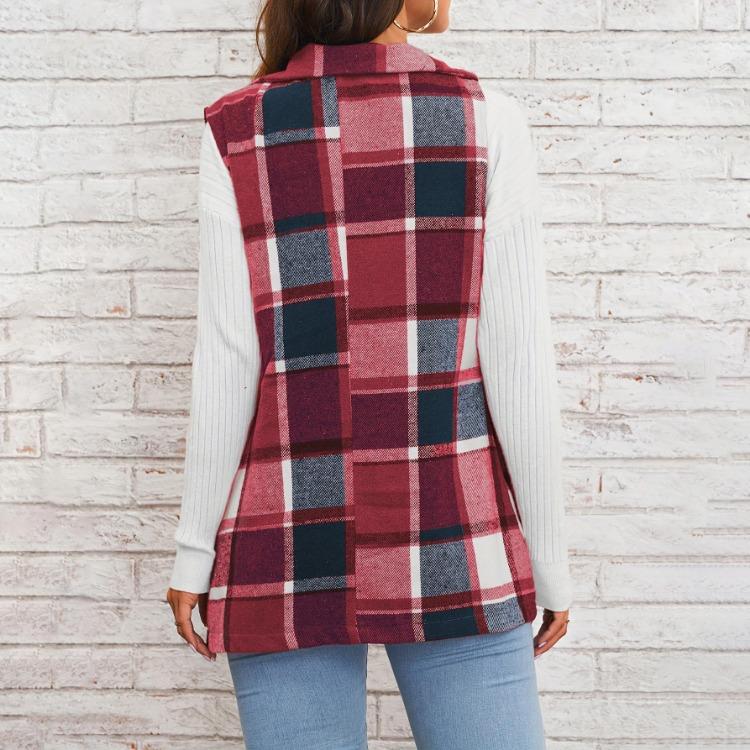 Women Checked Vest Sleeveless Single Breasted Cardigan Turn Down Collar Sizes S-XL Spring Autumn