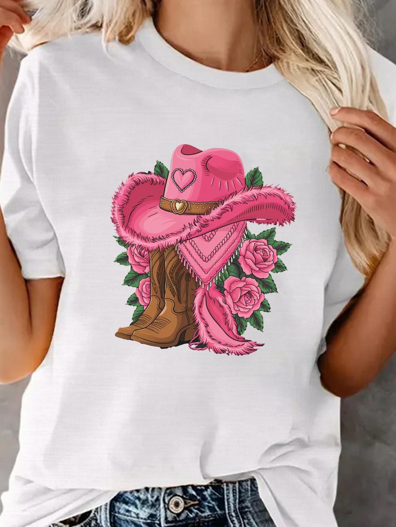 

With Cowboy Hat and Rose Applique Sports Style Seasons WomenS TShirt Crew Neck Sleeve Slight Stretch Fabric Short sleeved Tees S