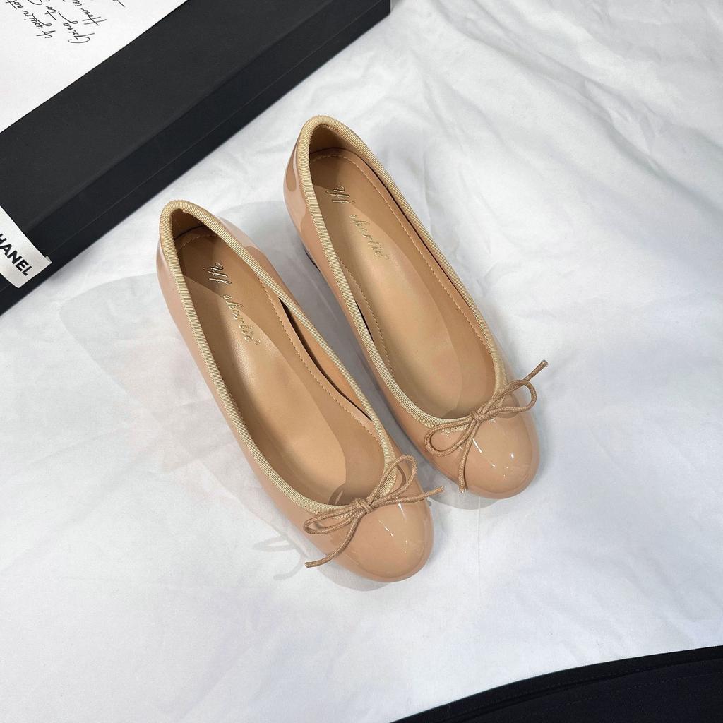 Sheepskin version~ 6 cm height increase bow thick heel shallow mouth single shoes women's autumn new French patent leather round head ballet shoes