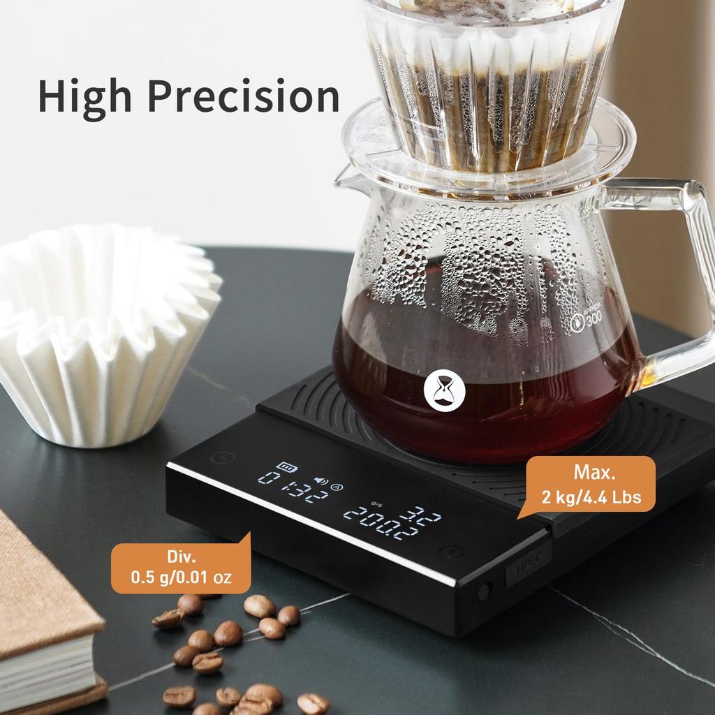 TIMEMORE Black Mirror Basic Coffee Weighing Scale with Measurement and Black 2.0 Scale, High-Precision 0.1g Accuracy, 0.5g-2000g Range, Timer,