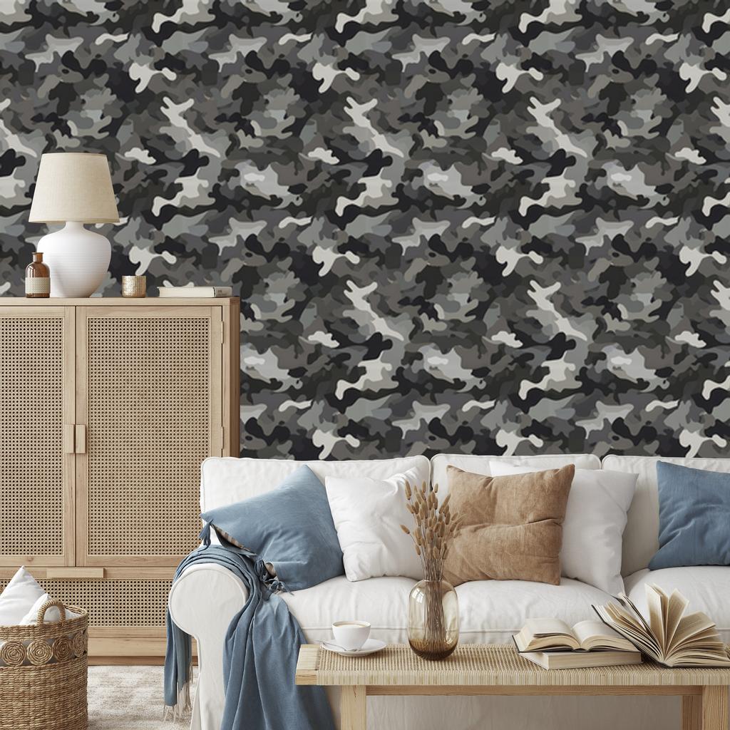 Military Camouflage Wallpaper Graphite, Gray and Light Gray 50x1000