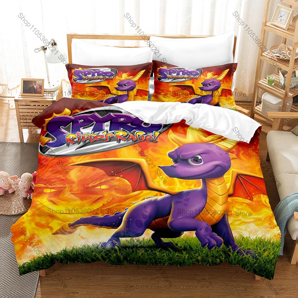 Classic Dragon Game Bedding Set, Duvet Cover & 2 Pillowcases, Iconic Spyro Design Comfortable Home Bedding Supplies
