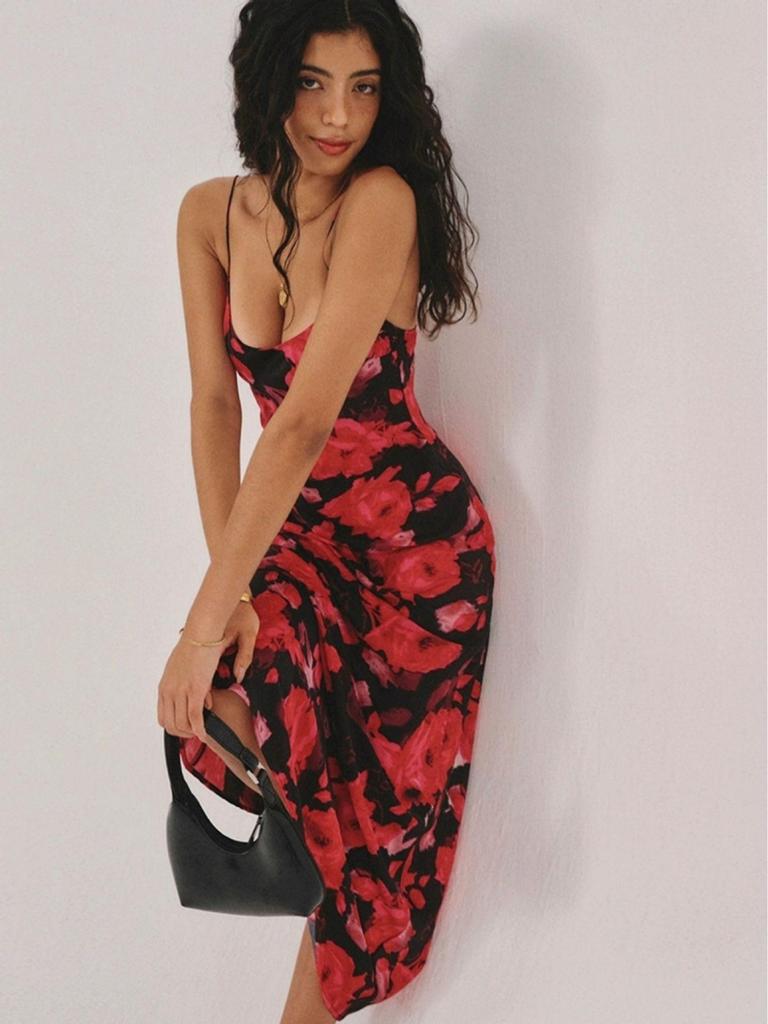 ZT6777 Sexy Printed Spaghetti Strap Slimming High Waist Maxi Dress