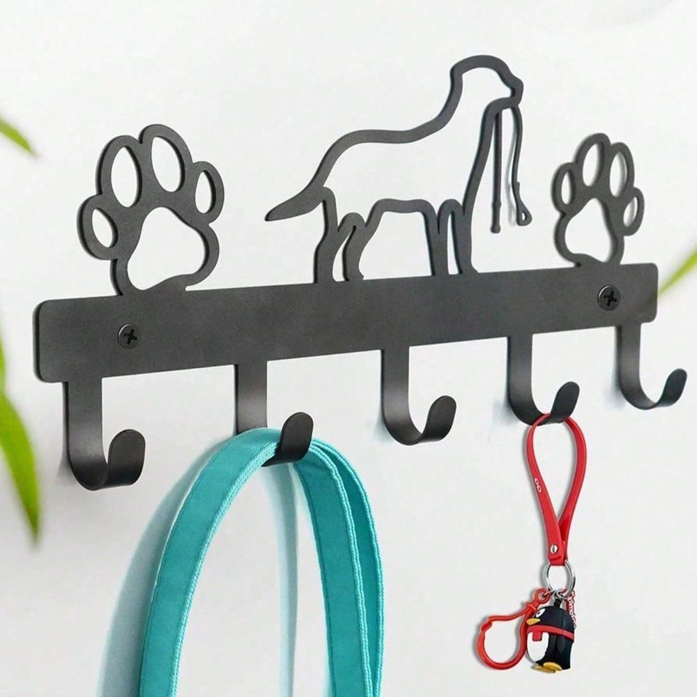 Wrought Iron Dog Paw Organizer, 5 Hook Metal Wall Mounted Rack for Entryway, Hallway, Keys, Leashes, Towels, Pet Lover Gift, Storage