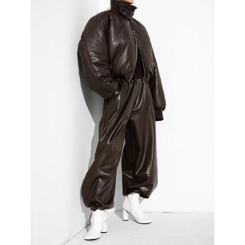 Fashion Style Drawstring Ankle-Tied Bloomers Loose Leather Pants PU Leather Pants Loose PU Leather Pants