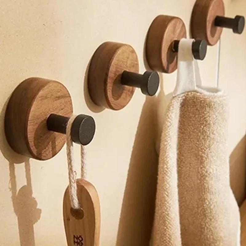 Selbstklebender Holz-Haken - Nussbaum Garderoben- & Handtuchhalter für Badezimmer/Schlafzimmer Wandaufbewahrung Dekoration