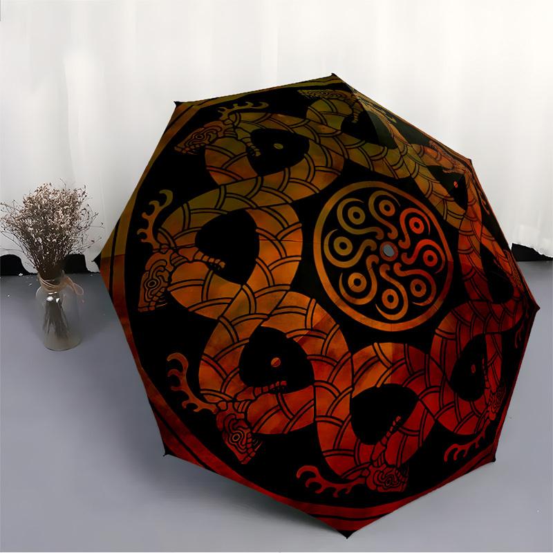 1pc Serpent Mandala Automatic Open/close, Heavy-Duty Iron Frame & 8-Rib Structure, Compact Folding Umbrella for Women/Men, All-Season Travel, Hallowee