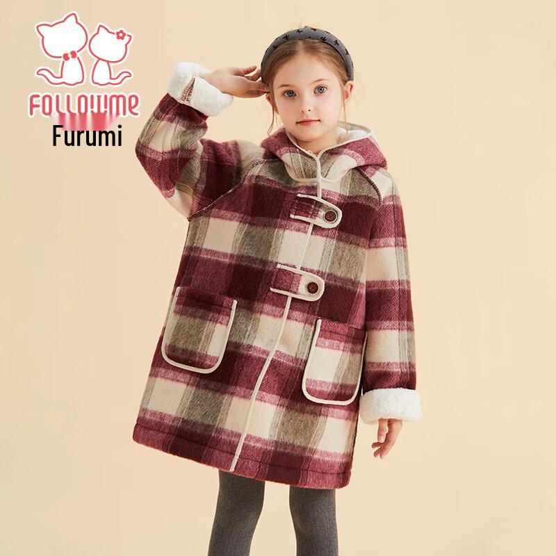 Fulami Girls Retro Plaid Hooded Woolen Coat 150
