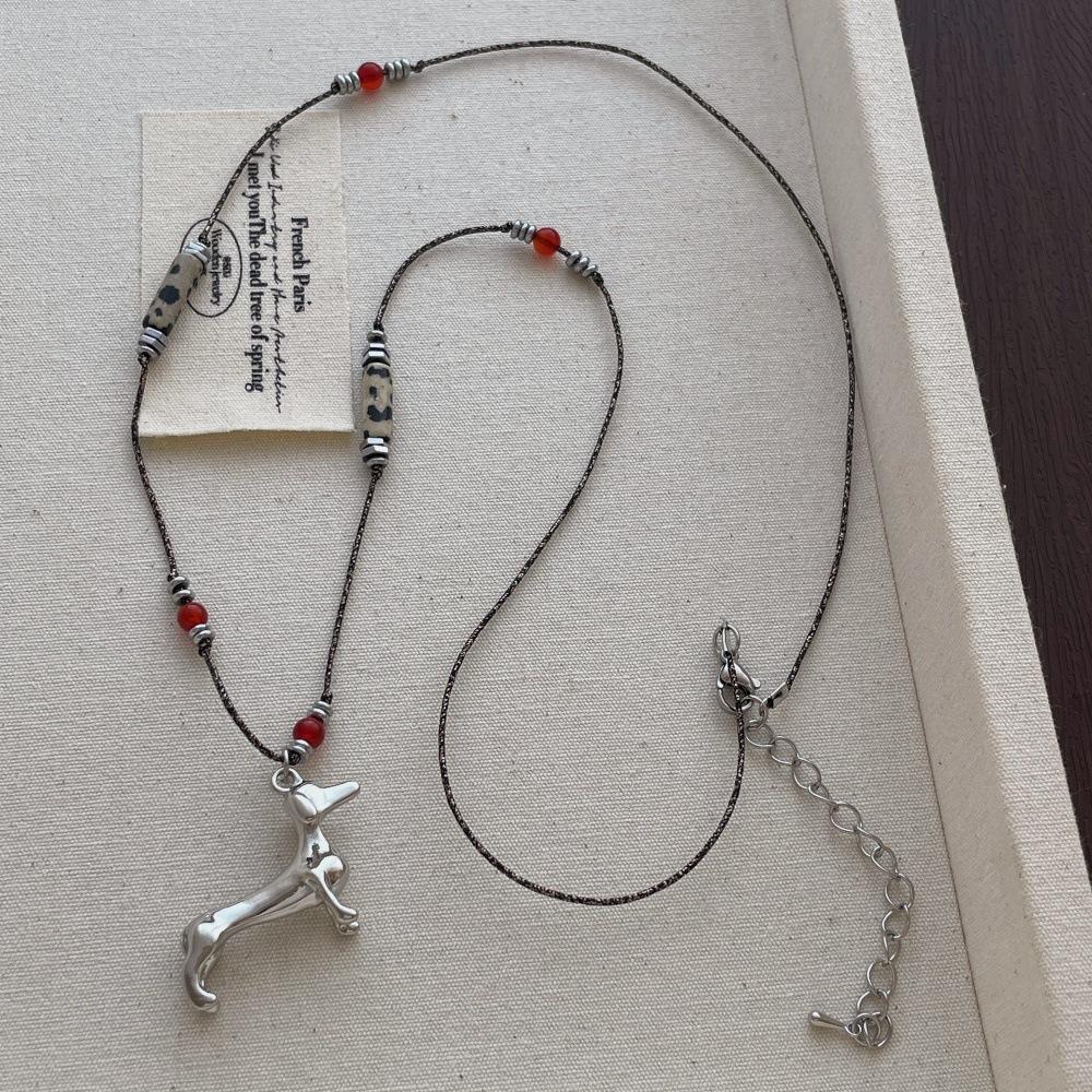 

Unique Natural Red Agate Spotted Stone Cute Dachshund Dog Pendant Necklaces Long Braided Rope Sweater Chain For Women 60cm