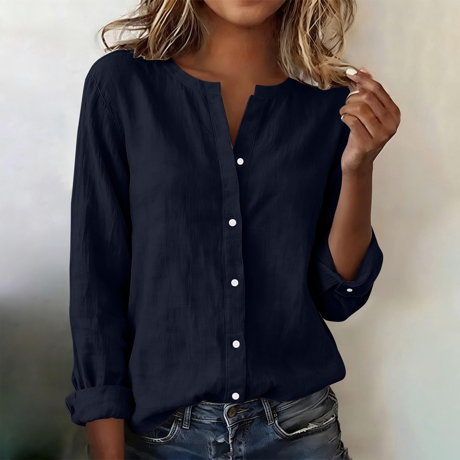 

Women s Fashionable Casual Stand Collar Shirt Button-Up Long Sleeve Top XXL Темно-синій