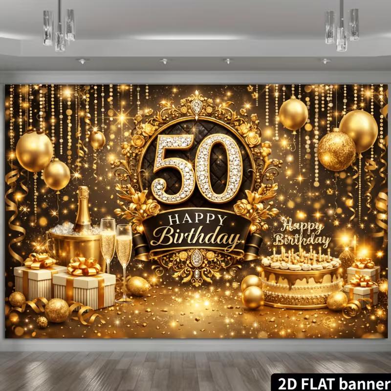Sfondo Lussuoso 2D per il 50° Compleanno, Palloncini Dorati Diamante Numero 50 Striscione Festa Decorazione